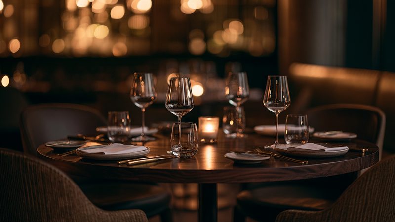 A small round table set for dinner in a quiet modern restaurant, candle lit.
