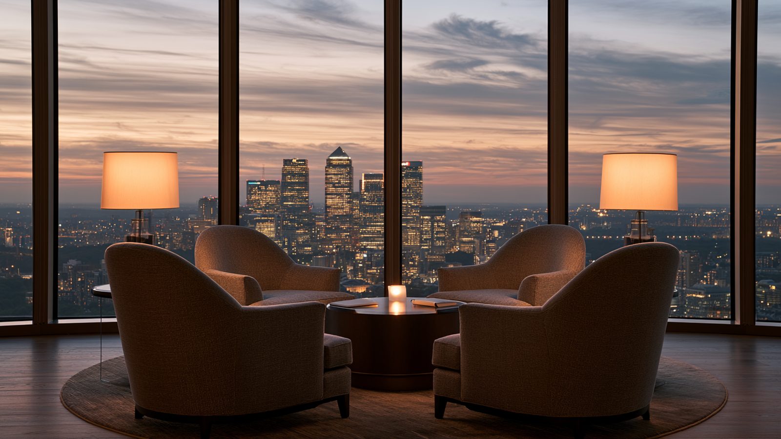 Four armchairs drawn around a low table in a top-floor lounge, city lights beyond the glass at dusk.