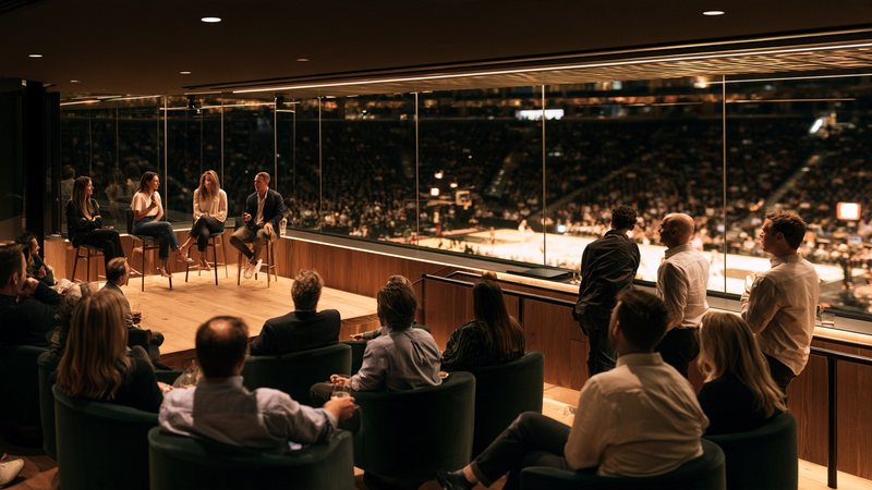 A small panel of peers in a private box, a room of guests listening, the game lit up beyond the glass.