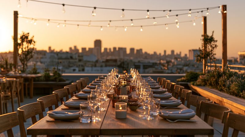 A long table laid on a rooftop at dusk, string lights above and the skyline behind.